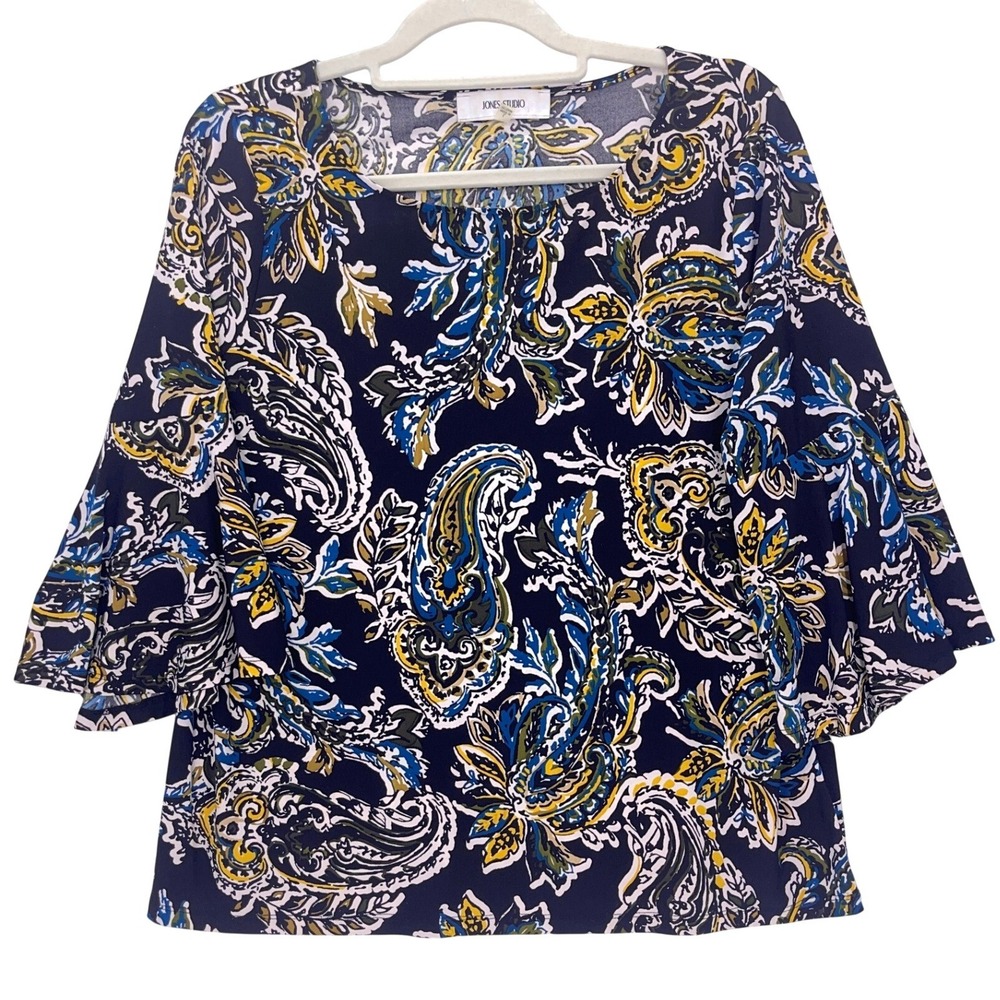 Jones Studio Black Paisley Bell Sleeve Blouse L Boat Neck Knit Top